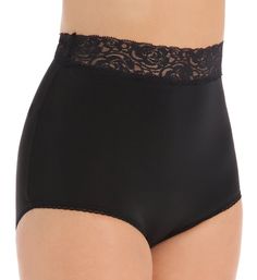 A pretty, floral lace waistband adds a feminine touch to this soft, microfiber panty. Made of 90% nylon, 10% spandex. Stretch lace waistband. Sewn-on elastic along leg openings for a custom fit. 4-way stretch for comfort. Full rear coverage. High rise. Sewn-in cotton crotch. Teri Women's Grace Lace Trim Microfiber Brief Panty in Black (313) | Size 10 | HerRoom.com Elegant Nylon Bottoms With High-cut Leg, Nylon Brief Bottoms Partially Lined, Shaping Brief Bottoms With Lace Trim, High-cut Lace Bottoms With Lace Trim, High-cut Leg Lace Bottoms With Lace Trim, Elegant Full Coverage Lace Bottoms, Fitted Bottoms With High-cut Leg And Partial Lining, Elegant Lace Bottoms With Elastic Waistband, Elegant Lace Shapewear With Lace Trim