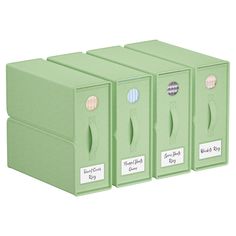 three green file folders with labels on them