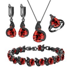 PRICES MAY VARY. ❤A SPARKLING JEWELRY SET❤:We configured a teardrop created-garnet for this brand new gun black jewelry set. Its unique curved structure is set with small round black stones. This center stone will sparkle in the sun, reflecting a vivid red light. It will be a great choice with dark dresses for outdoor weddings and parties. ❤MATERIAL❤:This jewelry set is made of black gun plated copper, highly polished, lead-free, nickel-free, and non-allergenic. The center stone is a teardrop re Black Jewelry Set, Dark Dresses, Fortnite Map, Sparkling Jewelry, Black Stones, Bracelet Wedding, Prom Jewelry, Outdoor Weddings, Garnet Necklace