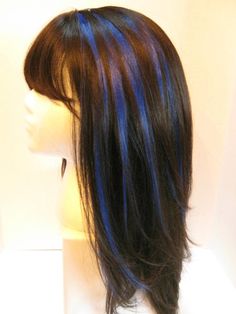 Navy Blue Streaks Hair, Cool Hair Highlights For Dark Hair, Teal Streaks In Brown Hair, Dark Brown With Blue Highlights, Blue Hair Streaks Brunette, Blue Hair On Brown Hair, Blue Streaks In Hair, Blue Stripes Hair