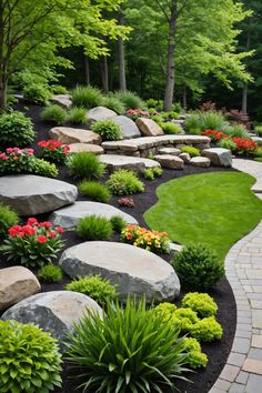 20 Boulder Landscaping Ideas - Toolz Geek Boulder Steps, Boulder Retaining Wall, Rock Pathway, Sloped Yard, Landscaping With Boulders