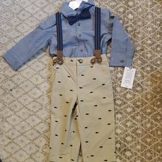 Nwt Boys Carters 3pc Special Occasion Set Perfect For Fall Pictures Or Easter Khaki Pants With Denim Button Down And Suspenders Casual Fitted Sets With Button Closure, Cute Fitted Sets With Buttons, Spring Cotton Sets With Buttons, Cotton Playtime Sets With Button Closure, Casual Playtime Sets With Buttons, Cotton Sets With Button Closure For Playtime, Spring Cotton Sets With Button Closure, Spring Playtime Sets With Button Closure, Fall Pictures