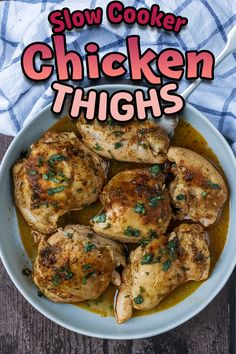 A bowl of cooked chicken thighs with a text overlay title. Chicken Thighs Slow Cooker, Slow Cooked Chicken Thighs, Slow Cooker Oats, Best Way To Cook Chicken, Slow Cooker Burrito, Way To Cook Chicken, Slow Cooker Curry, Chicken Broth Recipes, Crockpot Chicken Thighs