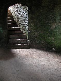 an open door leading into a dark room with stone steps and green paint on the walls