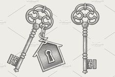 two keys with a house and keyhole