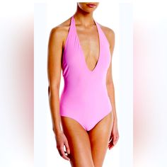 Tory Burch Brand New Swimsuit Gorgeous Deep Plunge V Neck Reversible A Veuve Cliquot Golden On One Side, Beautiful Pink On The Other Italian Fabric Made With 4 Way Stretch Xtra Life Lycra Fast Drying Spf 50 Pink Triangle Top Bodysuit For Swimming, Chic Pink Bodysuit For Pool, Pink Halter Neck Bodysuit For Pool, Pink Halter Neck Bodysuit For Beachwear, Summer Pink Halter Neck Bodysuit, Summer Halter Neck Pink Bodysuit, Pink Halter Neck Bodysuit, Veuve Cliquot, Deep Plunge