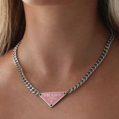 Authentic vintage Prada tag charm finished in silver and rosy pink toned enamel, set on a platinum plated curb chain. real platinum plated chain necklace length: 17.5 inches Vintage Wallet, Vintage Prada, Rosy Pink, Pink And Silver, Necklace Chain Lengths, Silver Logo, Rose Necklace, Toggle Bracelet, Button Jewelry