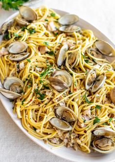 pasta with clams and parmesan cheese on a white platter, ready to be eaten