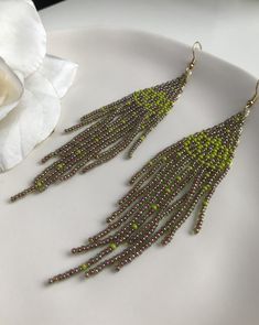 Green Beaded Earrings As Gift, Green Beaded Chain Earrings Gift, Green Beaded Chain Earrings With Round Beads, Green Earrings With Beaded Chain And Round Beads, Green Dangle Beaded Earrings With Spacer Beads, Flower Beaded Earrings, Lotus Symbol, Beaded Fringe Earrings, Earrings Green