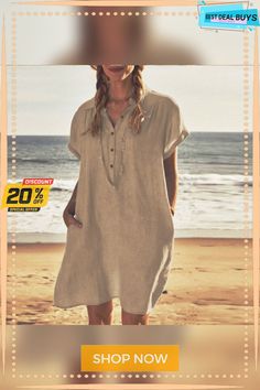 Lorelei - Klassieke Linnen Jurk Met Kraag Casual Ramie Linen Dress For Vacation, Casual Linen Dress For Vacation, Solid Linen Dress For Summer Vacation, Beige Linen Dress For The Beach, Flax Linen Summer Dress For The Beach, Beige Flax Linen Dress For Beach, Beige Linen Dress For Beach, Flax Linen Summer Dress For Beach, Solid Summer Linen Dress For Vacation