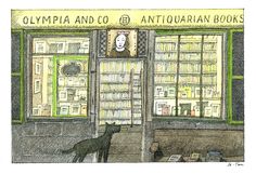 a drawing of a dog standing in front of a book store with bookshelves