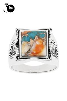 Southwest Style By JTV��� 12x10mm Blended composite Turquoise And Spiny Oyster Shell and .04ctw Round Two Diamond Rhodium Over Sterling Silver Men's Ring. Measures approximately .72"L x .66"W. Ring shank measures .16"W. Not sizeable. Finished under gallery. Oxidized finish. This product contains composite turquoise. This means separate pieces of turquoise were bound together. Sterling Silver Mens Rings, Round Two, Southwest Style, Spiny Oyster, Mens Silver Rings, Sterling Silver Mens, Oyster Shell, Men's Ring, Silver Man