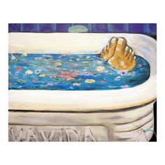 a painting of a person's feet in a bathtub with water and flowers