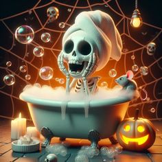 a skeleton in a bathtub with soap bubbles around it and pumpkins on the floor