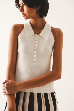 Subcategory: Top. Neck: Polo collar. Sleeves: Sleeveless style. Fit: Bodycon fit. Style: Daily. Detail: Button detail. Fabric: Ribbed knit. Zipper: Partial button placket. runs small. S. 100% Polyester Tan Scarf, Polo Knit, Color Crema, Skirt Jumpsuit, Knitted Top, Polo Neck, Collar Top, Swimsuit Cover, Fit Style