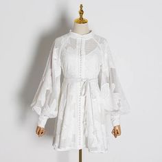 LONG SLEEVE PATCHWORK WHITE DRESS – El Merrist Store Elegant Spring Dresses, Sirens Fashion, Embroidery Belt, Patchwork Embroidery, Lace Dress With Sleeves, White Dresses For Women, Woman Standing, Daily Dress, Embroidery Dress