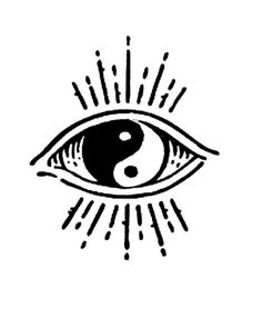 an eye with sun rays coming out of it and a yin symbol in the center