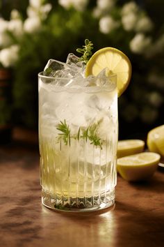 a glass filled with lemonade sitting on top of a wooden table