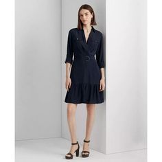 Lauren Ralph Lauren Belted Crepe Shirtdress Women'S 4 Navy Collared Long Sleeve Lauren Ralph Lauren Belted Crepe Shirtdress Women's 4 Navy Collared Long Sleeve Retail $185.00 Elevate Your Wardrobe With This Classic Lauren Ralph Lauren Shirtdress. The Dress Features A Collared Neckline And A Zip Closure, Making It Perfect For A Casual Occasion. The Knee-Length Dress Is Made Of 100% Recycled Polyester And Has A Solid Pattern In Navy Color. It Has Long Sleeves With Roll Tab Sleeves And Button Ralph Lauren Dresses, Vintage Theme, Ralph Lauren Dress, Box Pleats, Shirtdress, Spring Season, Navy Color, Solid Pattern, Knee Length Dress