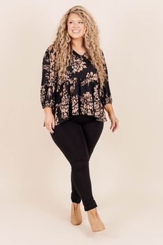 Elevate your wardrobe with this blouse! Its elegant babydoll style and flattering v-neck make it a must-have for any occasion! The delicate floral print in neutral colors adds a touch of sophistication, making it both stylish and versatile! 95% Polyester, 5% Spandex Flowy V-neck Blouse With Floral Print, Flowy V-neck Blouse For Fall, Chic V-neck Peplum Top For Fall, Elegant Fall V-neck Peplum Top, Fall Elegant V-neck Peplum Top, Elegant V-neck Peplum Top For Fall, Babydoll Style, Fan Earrings, Best Jeans