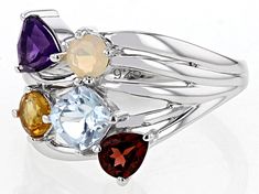 4mm Round White Opal, 0.32ctw Trillion Purple Amethyst, 0.36ctw Pear Shape Red Vermelho Garnet™, 0.56ctw Sky Blue Glacier Topaz™, and 0.20ctw Round Yellow Citrine Rhodium Over Sterling Silver Ring. Measures Approximately 0.87"L x 0.65"W. Not Sizeable. Cluster Birthstone Ring Fine Jewelry, Fine Jewelry Gemstones With Accents For Anniversary, Anniversary Multi-stone Round Gemstones, Elegant Multicolor Birthstone Ring With Center Stone, Multicolor Birthstone Gemstones For Formal Occasions, Formal Multicolor Birthstone Gemstones, Fine Jewelry Birthstone Cluster Ring With Accent Stones, White Gold Multi-stone Birthstone Ring, Multicolor Center Stone Gemstones For Anniversary