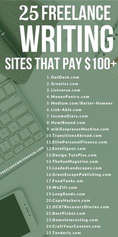 a green poster with the words 25 free lance writing sites that pay $ 10 00