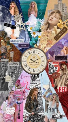 the collage has many different pictures and words on it, including a woman's face