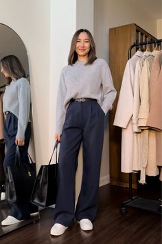 Fall/Winter Workwear: 5 Outfit Ideas for the Office - LIFE WITH JAZZ Blue Sweater Work Outfit, Blue Pants Winter Outfit, How To Wear Trousers Women, Winter Trousers Outfit, Blue Trouser Outfit Women, Trouser Pants Outfits Casual, Comfy Office Outfit, Tech Fits, Trousers Outfit Casual