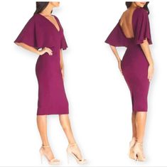 New With Tags Dress The Population Louisa Butterfly Sleeve Cocktail Dress In Dark Magenta Size Extra Small New With Tag With A Deep V-Neck And An Even Deeper Square Back, The Louisa Is Cocktail-Attire-Ready. This Midi Dress Is A Sophisticated And Flattering Fit For Any Occasion, Featuring A Pencil Skirt, Deep Magenta Color, And Butterfly Sleeves. V-Neck Elbow-Length Flutter Sleeves Back Zip Closure Open Back Back Vent 97% Polyester/3% Spandex Lining: 100% Polyester Measurements Laying Flat Pit T Summer Cocktail Attire, Plum Cocktail Dress, Midnight Blue Gown, Mesh Cocktail Dress, Sequin Halter Dress, Deep Magenta, Lbd Dress, Black Lace Midi Dress, Dark Magenta