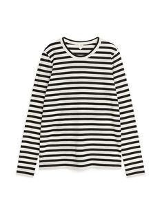 Long-Sleeved T-Shirt - Black/Beige - ARKET WW Fine Knit Stretch Crew Neck T-shirt, Spring Relaxed Fit T-shirt With Ribbed Cuffs, Fine Knit Stretch T-shirt For Spring, Cotton T-shirt With Ribbed Collar For Work, White T-shirt With Ribbed Cuffs For Spring, Sporty T-shirt With Ribbed Collar And Crew Neck, Sporty T-shirt With Ribbed Crew Neck, Sporty Crew Neck T-shirt With Ribbed Collar, Striped Cotton Crew Neck Knit Top