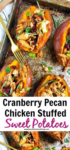 cranberry pecan chicken stuffed sweet potatoes on a baking sheet with a fork