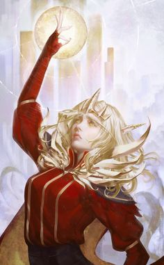 a painting of a woman in red and white holding a light up above her head