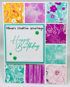 a colorful birthday card with flowers and words on the front that reads, happy birthday alison's creative greetings