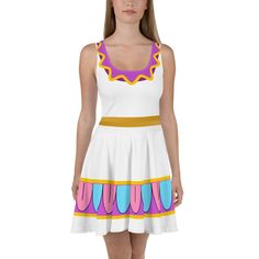 Dress to impress with this sleeveless skater dress! The soft fabric and flared skirt give it an elegant twist that brings out the intricate design with a beautiful vibrancy. * 82% polyester, 18% spandex * Fabric weight: 6.78 oz/yd² (230 g/m weight may vary by 5% * Smooth and elastic fabric * Mid-thigh length flared skirt * Elastic waistline * Overlock seams, coverstitch hemline This product is made especially for you as soon as you place an order, which is why it takes us a bit longer to deliver Fairy Kei Dress For Costume Party, Fitted White Fairy Kei Dress, Fitted Fairy Kei Style Dress, Fitted Fairy Kei Dress For Fancy Dress, Fantasy Dresses For Summer Costume Party, Fitted Fantasy Dresses For Themed Events, White Fitted Fairy Dress, Fairytale Style Fitted Dress For Costume Party, Fairytale Fitted Dress For Costume Party