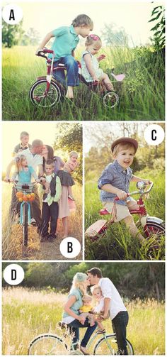 a family is posing with their bikes in the grass and holding each other's hands