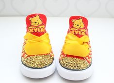 How adorable are these Winnie the pooh inspired converse! The perfect shoe to complete the look!Please leave your name needed in the notebox during checkoutVisit the tutu section or search bar for the matching outfit!If you are unsure of sizing please scroll to the last photos for our size charts, or visit our size charts here--> https://pinktoesnhairbows.com/pages/size-chartAll sales are FINAL, Ship dates can be found directly on the listing, please view our policies in detail here---> https:// Shark Shoes, Overalls Boys, Tutu Dress Costumes, Bling Converse, Girls Overalls, Girls Converse, Matching Outfit, Birthday Tutu, Search Bar