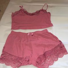 Polyester/Cotton Ribbed Cropped Boy Shorts Lace Trim Cute Bow Adjustable Spaghetti Straps Casual Loungewear Sets With Lace Trim, Pink Cami Sleepwear For Loungewear, Pink Camisole Sleepwear For Loungewear, Casual Lace Trim Loungewear, Stretch Sleepwear With Lace Trim For Pajama Party, Stretch Cami Sleepwear For Loungewear, Casual Camisole For Pajama Party, Lace Trim Cami Sleepwear For Loungewear, Pink Lace Trim Sleepwear For Summer