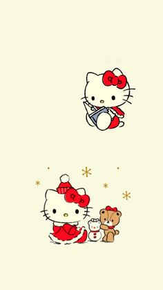 two hello kitty wallpapers one has a teddy bear and the other has a cat