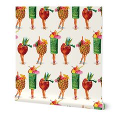 a wrapping paper with fruit and pineapples printed on the front, featuring an image of a woman holding a can of juice