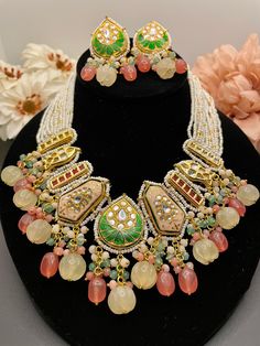 Beautiful Stonework and bright colors are the perfect way to describe this piece. I have two colors in this on my shop and they are both the perfect sets for a fun and eccentric look! Grab this piece now for your next event! Luxury Heavy Multicolor Jewelry Sets, Luxury Multicolor Jewelry For Diwali, Jhumka Set, Meenakari Necklace, Exotic Jewelry, Indian Necklace, Necklace Indian, Bollywood Jewelry, Indian Bollywood