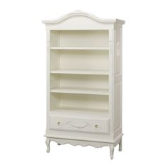 a white bookcase with drawers and shelves on top of each shelf in front of a white background