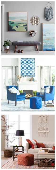 four different living rooms with blue and white furniture