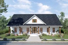 a white house with brown shutters on the front and side windows is surrounded by greenery