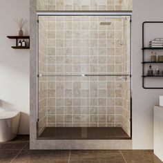 a bathroom with a walk in shower next to a toilet