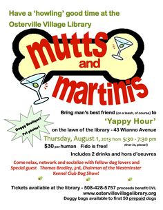 a flyer for an event with the words mutts and martinis on it