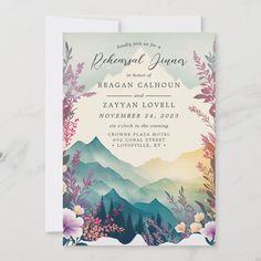 Watercolor Floral Spring Mountain Rehearsal Dinner Invitation Spring Mountains, Wedding Flyers, Mountains Wedding, Mountain Wedding Invitations, Wedding Announcement Cards, Spring Wedding Invitations, Floral Save The Dates, Floral Bridal Shower Invitations, Majestic Mountains