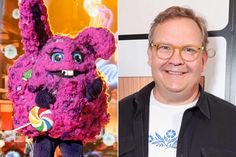 a man wearing glasses next to an image of a pink monster with candy canes