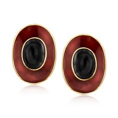 Ross-Simons - C. 1950 Vintage Onyx, Carnelian Clip-On Earrings in 14kt Yellow Gold. C. 1950. Delivering unmatched sophistication and eye-catching appeal, these Retro-era earrings from our Estate collection are just the thing you need to make a statement at your next formal event. Features 15.5x11.5mm oval onyx cabochons showcasing smooth, shiny surfaces inside borders of 29x20mm carved carnelian ovals that emulate a warm shade of mahogany. Crafted in 14kt yellow gold. Clip-on, carnelian and onyx Formal Enamel Clip-on Earrings, Mid-century Polished Formal Jewelry, Retro Yellow Gold Formal Earrings, Classic Enamel Earrings For Formal Occasions, Classic Formal Enamel Earrings, Oval Cabochon Earrings For Evening, Retro Formal Jewelry With Polished Finish, Vintage Oval Earrings For Evening, Vintage Clip-on Earrings With Polished Finish For Anniversary