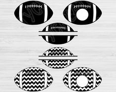 three footballs with black and white chevroned stripes on them, one is cut out