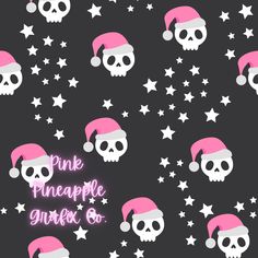 a black background with white stars and skulls in pink hats